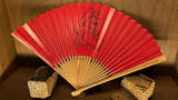 A wooden fan spread open and occupying a bookshelf. Two-thirds of the fan is coloured red, and in the middle of the fan-spread is a picture of Mario, in a running posture.